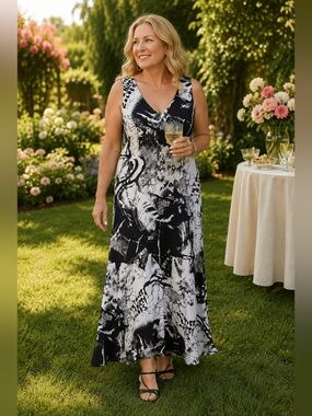 Tribal Black & White Abstract Print Sleeveless Maxi Dress Size 10 Midi Flowy Hem